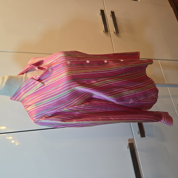 100% Silk Striped Button Down Shirt Pink Yellow Size Medium Womens - Picture 2 of 8